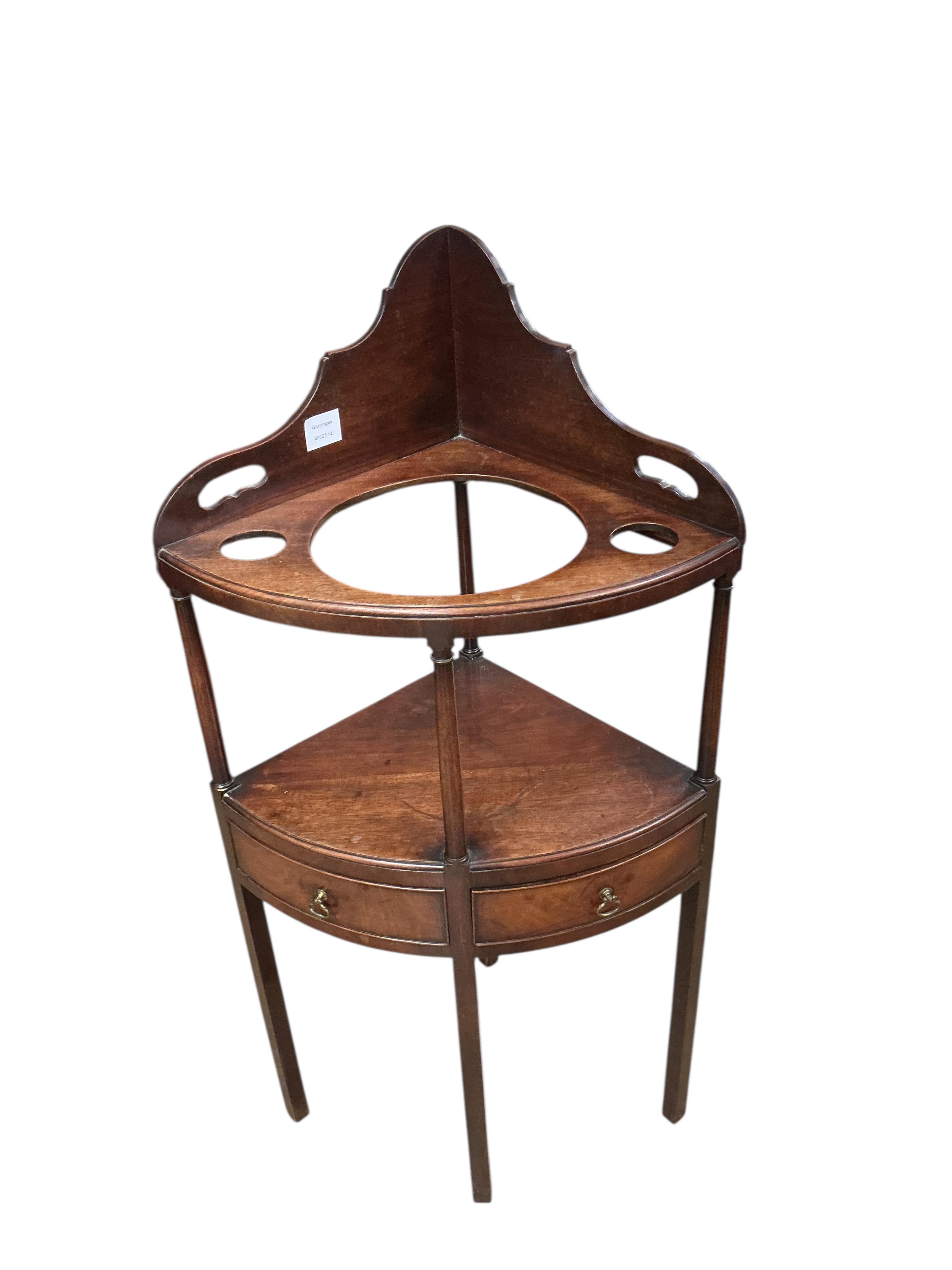 A George III mahogany bowfront corner washstand, width 52cm, depth 37cm, height 102cm